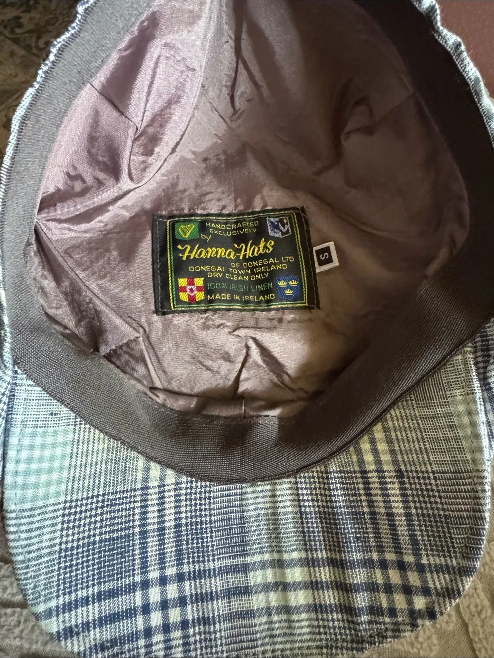 Unisex Hanna Hats of Donegal Sm Vintage Cap Linen, Blue and White Plaid